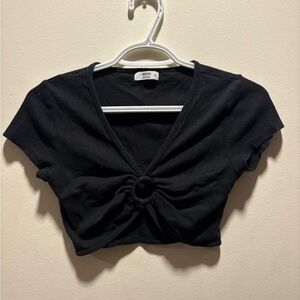 3/$30 Ardene Black Ribbed Ring Front Crop Top - V-Neck - Size Small